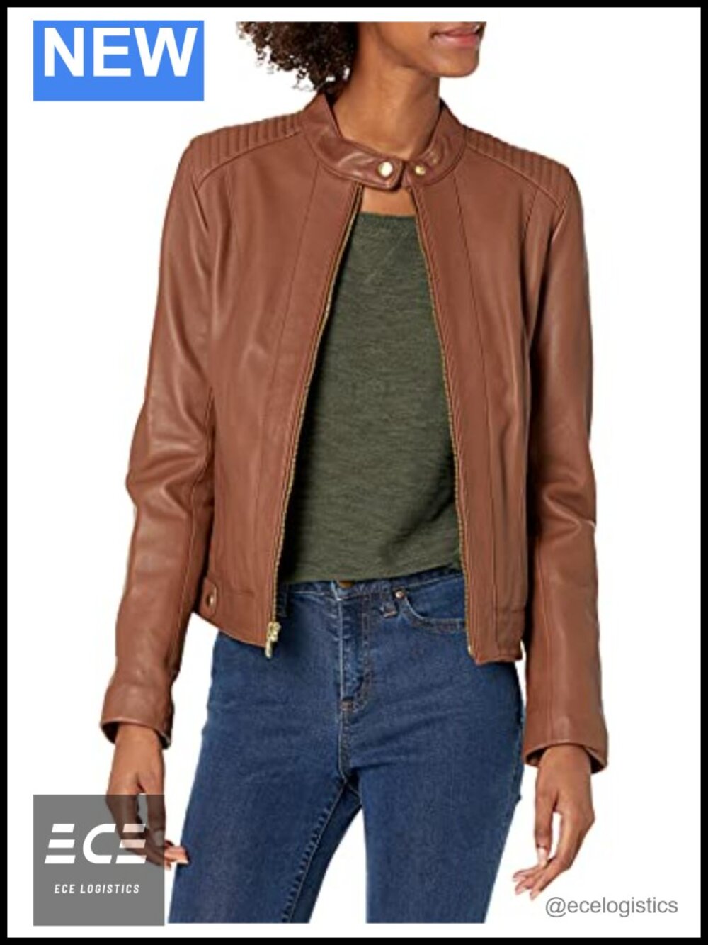 Women's Quilted Leather Racer Jacket Button Collar Metallic Zip Moto Coat